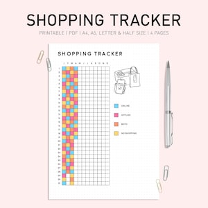 May include: A printable shopping tracker with a grid for each day of the month. The grid is color-coded to indicate whether purchases were made online, offline, both, or no shopping was done. The tracker includes a small illustration of a shopping bag and a phone.