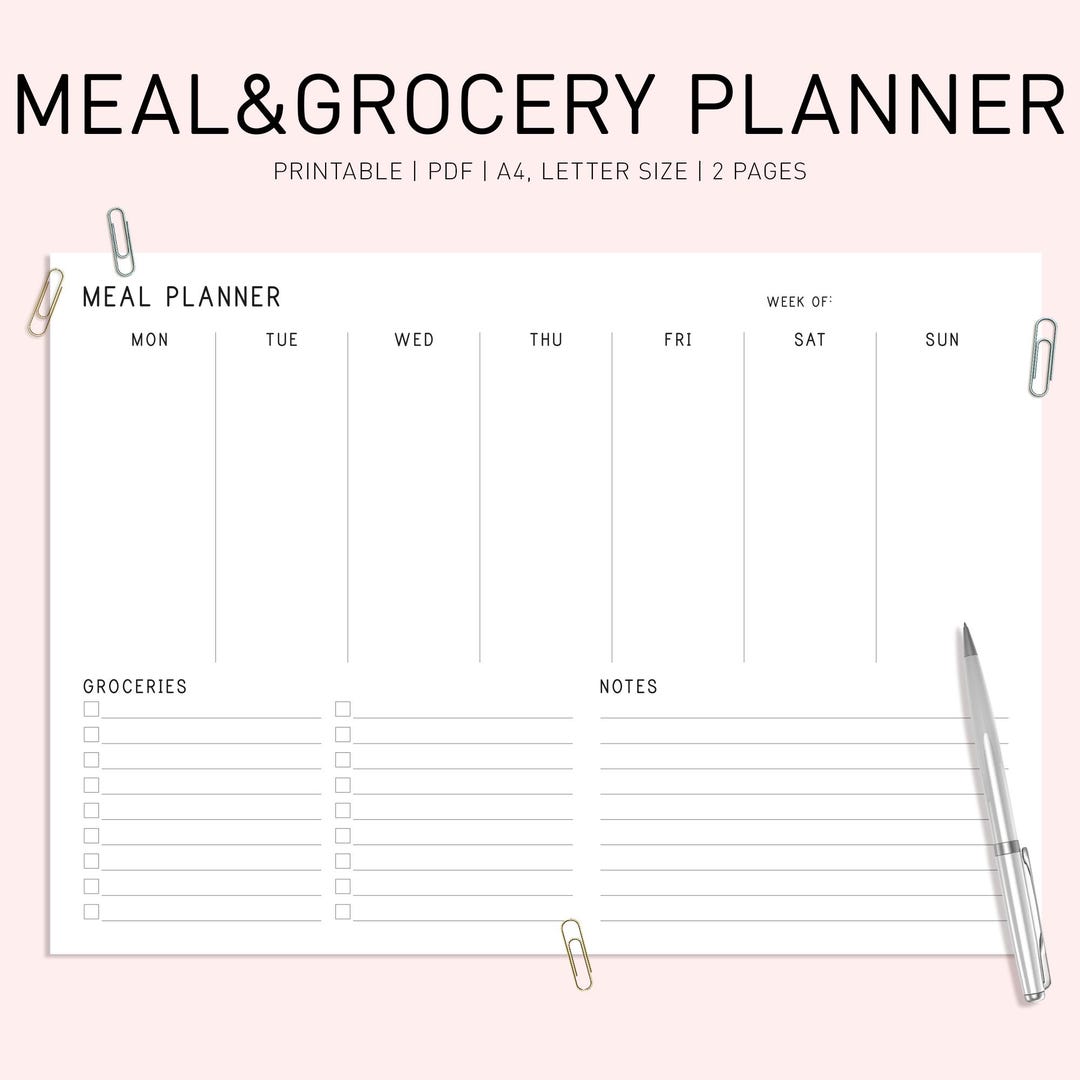 Weekly Meal Planner Printable: Minimalist Family Menu, Grocery List (a4 ...