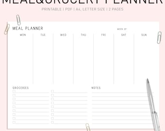 Può includere: Un pianificatore di pasti e generi alimentari stampabile con un layout settimanale. Il pianificatore include sezioni per dal lunedì alla domenica, un elenco di generi alimentari e note.