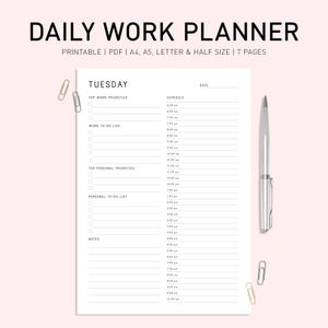 May include: A printable daily work planner with a black and white design. The planner includes sections for top work priorities, work to-do list, top personal priorities, personal to-do list, schedule, and notes. The planner is labelled "Tuesday".