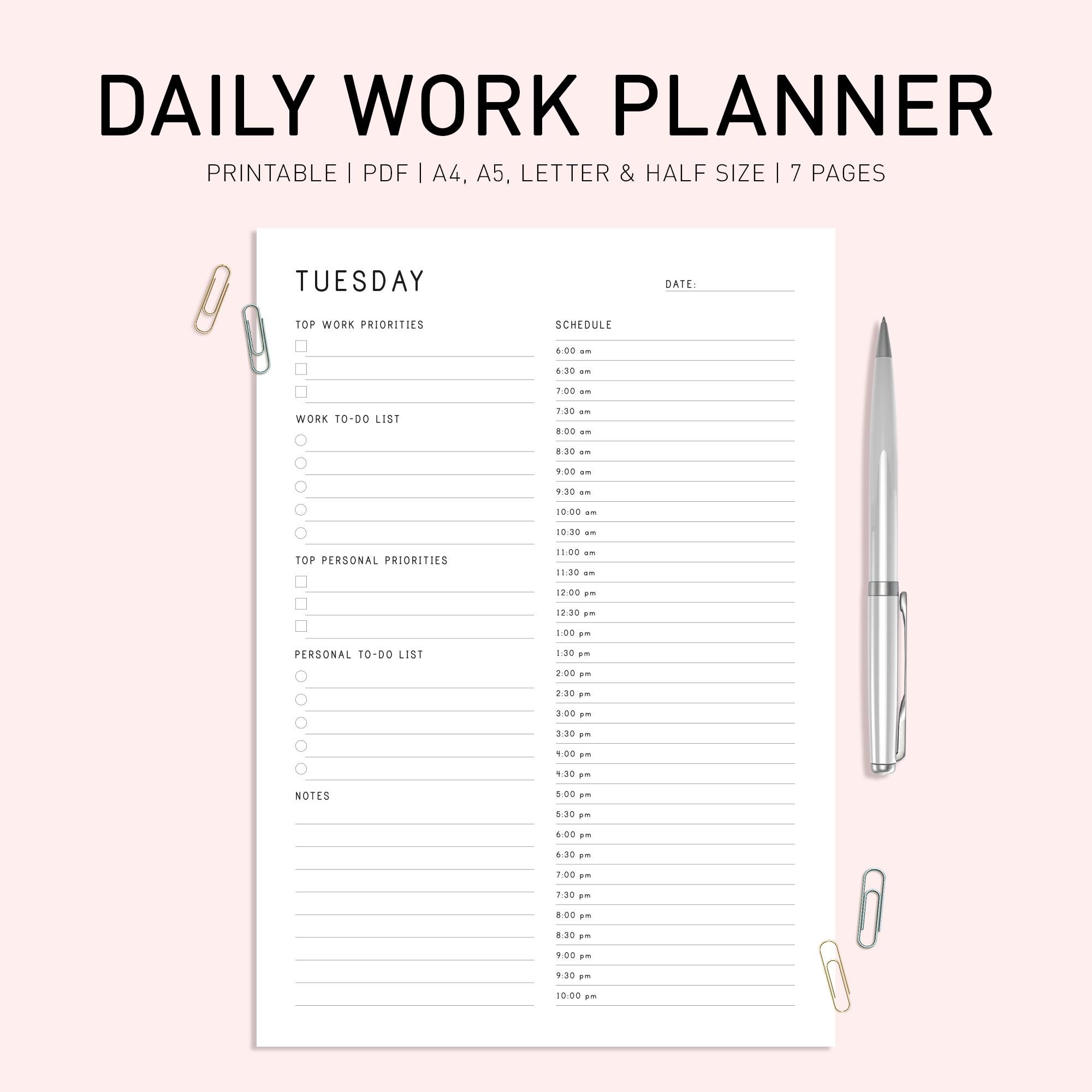 Daily Work Planner Printable: Hourly Schedule, A4 A5 (digital Download ...