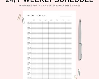 Weekly Hourly Planner Printable, 24 Hour Weekly Schedule, Weekly To Do List, Simple Week Planner, Weekly Agenda, A5/A4/Letter/Half Letter