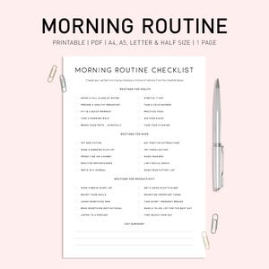 Puede incluir: Una lista de verificación imprimible para crear una rutina matutina. La lista se divide en tres secciones: Rutinas para la salud, Rutinas para la mente y Rutinas para la productividad. Cada sección tiene una lista de actividades para elegir, como estirarse, meditar y priorizar tareas importantes.
