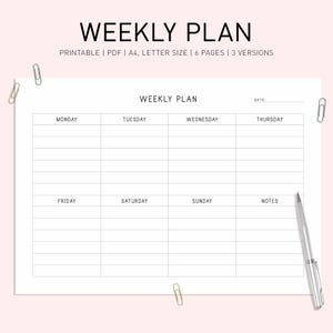 Week Planner Printable, Weekly Schedule Landscape, Week Organizer, Weekly Planner Template, Daily To Do List,  Undated Weekly Inserts, A4