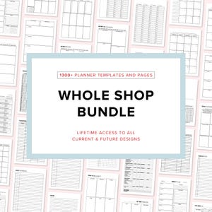 May include: A digital collection of planner templates and pages featuring a central white rectangular sign with the text 1300+ PLANNER TEMPLATES AND PAGES, WHOLE SHOP BUNDLE, and LIFETIME ACCESS TO ALL CURRENT & FUTURE DESIGNS in black and red.