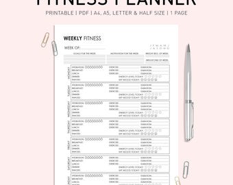 May include: A printable weekly fitness planner with sections for goals, motivation, weight, hydration, exercise, energy level, and mood. The planner includes a calendar with the days of the week: Monday, Tuesday, Wednesday, Thursday, Friday, Saturday, and Sunday.