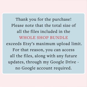 K&ouml;nnte beinhalten: Hellblauer Hintergrund mit schwarzem Text. Der Text lautet "Vielen Dank f&uuml;r den Kauf!" und enth&auml;lt Informationen zum Zugriff auf Dateien &uuml;ber Google Drive. Er erw&auml;hnt auch ein "WHOLE SHOP BUNDLE".
