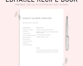 Printable Recipes Book, Recipe Template, Recipe Book Template Printable, Editable Recipe Book Template, Minimalist Recipe Binder, A4, A5