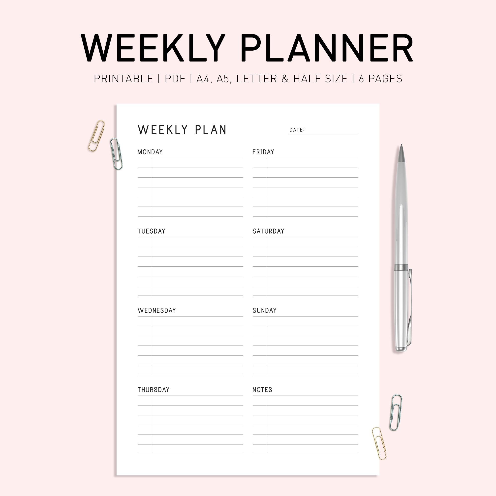 Weekly Planner Digital, Daily To Do List, Weekly Planner Printable, Undated Daily Planner, Weekly Timetable, Desk Planner, Week Schedule A5