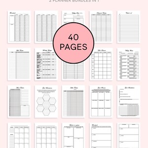 May include: A digital planner set titled ULTIMATE LIFE PLANNER, 2 PLANNER BUNDLES IN 1, featuring 40 PAGES. The collection includes various black and white printable templates such as weekly plans, budget trackers, meal planners, and goal sheets.