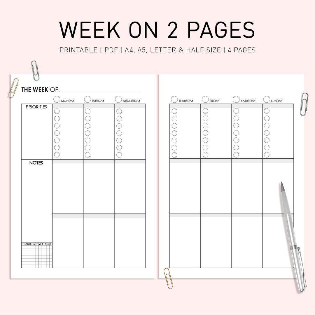 Weekly Planner Printable: Undated Week on 2 Pages (A4/A5/US Letter ...