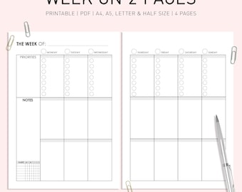 Agenda hebdomadaire imprimable : non daté sur 2 pages (A4/A5/US Letter) (téléchargement PDF)