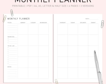 Minimalist Monthly Planner Printable: Undated A4 A5 Inserts (PDF Download), Month Schedule