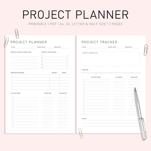 Planner di progetto stampabile, pianificatore di lavoro, monitoraggio della cronologia dei progetti, gestione dei progetti, pianificatore aziendale digitale, modello di pianificatore delle attività A4/A5