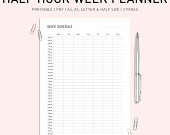 Half Hour Weekly Schedule Printable, Half Hour Daily Schedule Template, Daily Agenda, Hourly Schedule, Time Planner, Sunday/Monday Start, A4