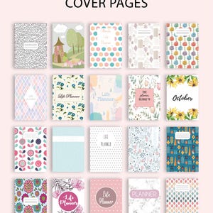 May include: A collection of over 30 dated and undated planner cover pages featuring diverse designs including floral patterns, geometric shapes, polka dots, marble textures, and landscape illustrations with text labels like Life Planner and October.