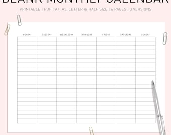 May include: A blank monthly calendar template with a grid layout. The days of the week are labeled at the top: Monday, Tuesday, Wednesday, Thursday, Friday, Saturday, Sunday.