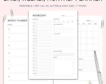 Ensemble d'agendas imprimables : modèles minimalistes quotidiens, hebdomadaires, mensuels (PDF)
