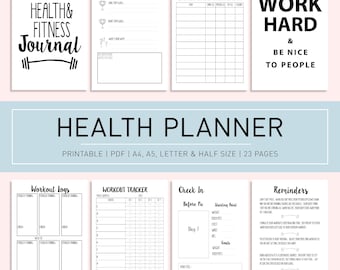Printable Health and Fitness Planner: Workout, Weight Loss Tracker (PDF Download A4/A5/Letter Size)