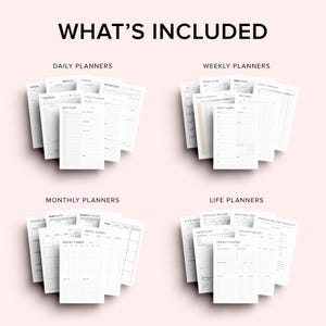 K&ouml;nnte beinhalten: Eine Sammlung wei&szlig;er Planerseiten, darunter Tages-, Wochen-, Monats- und Lebensplaner, wird vor einem zartrosa Hintergrund pr&auml;sentiert. Der Text "WHAT'S INCLUDED" steht oben. Jeder Plantyp ist gruppiert und zeigt verschiedene Layouts zur Organisation.