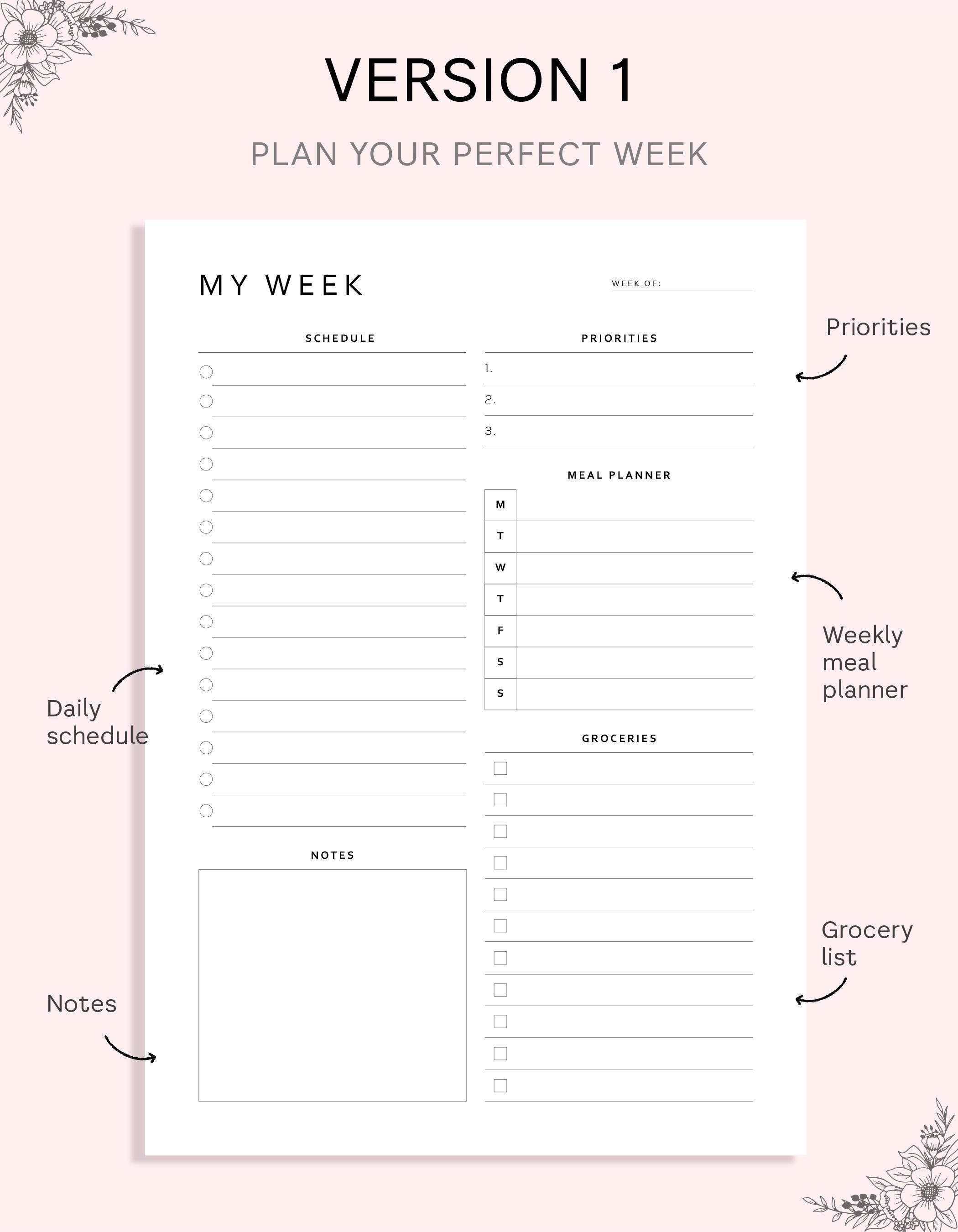 Undated Weekly Planner Printable: A4 A5 Inserts (PDF) | Week Schedule ...