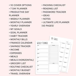 May include: A digital planner set on a light pink background with floral accents. The text lists 10 cover options, 7 day, weekly, monthly, and yearly planners, goal, habit, finance, meal, and travel trackers, plus a 40-page ultimate life planner.