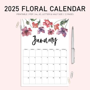 2025 Floral Monthly Calendar: Watercolor Botanical Print (A4/A5/US Letter PDF Download)
