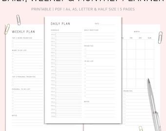 May include: Printable daily, weekly, and monthly planner pages. The pages are designed with a simple, minimalist style and include sections for scheduling, priorities, to-do lists, and notes.