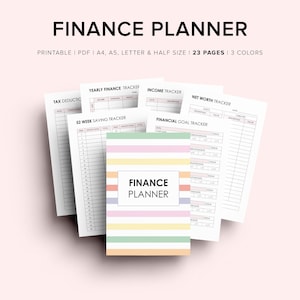 Puede incluir: Un planificador financiero con el título "FINANCE PLANNER" en letras negras en negrita. El planificador está rodeado de varias páginas con rastreadores financieros. El planificador tiene una cubierta a rayas pastel. El texto "PRINTABLE | PDF | A4, A5, LETTER & HALF SIZE | 23 PAGES | 3 COLORS" también es visible.