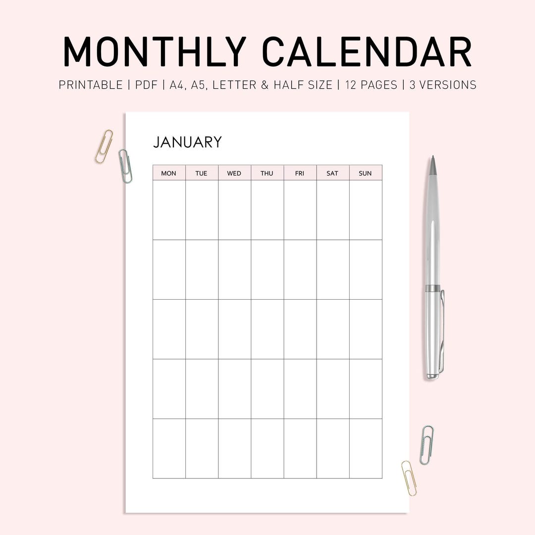 Blank Monthly Calendar Template Printable, Undated Calendar, Desk ...