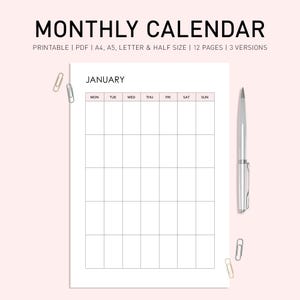 Minimalist Blank Monthly Calendar Printable: Undated A4/A5 PDF