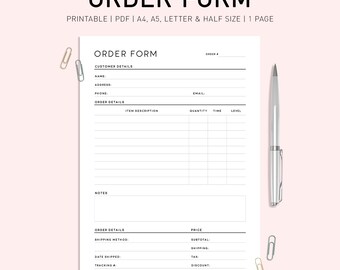 May include: A printable order form template with sections for customer details, order details, notes, and order details. The form includes fields for name, address, phone, email, item description, quantity, time, level, shipping method, date shipped, tracking number, date, price, subtotal, shipping, tax, discount, and total.