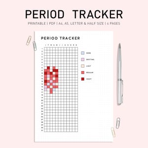 May include: Printable period tracker with a grid for each day of the month. The grid is color-coded to indicate the flow level: none, spotting, light, regular, and heavy.