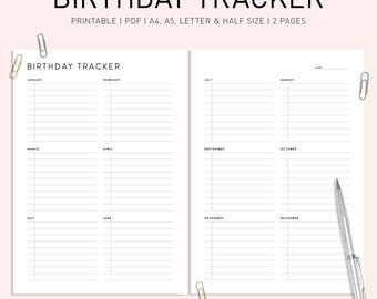 Minimalist Birthday Tracker Printable: Family Birthday Calendar (A5/A4/US Letter) (Digital Download)