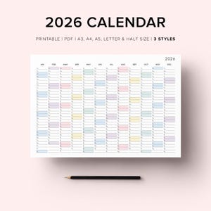 Regenbogen 2026 Printable Kalender: Bunter Monatsplaner (A3, A4, US Letter Digitaler Download)