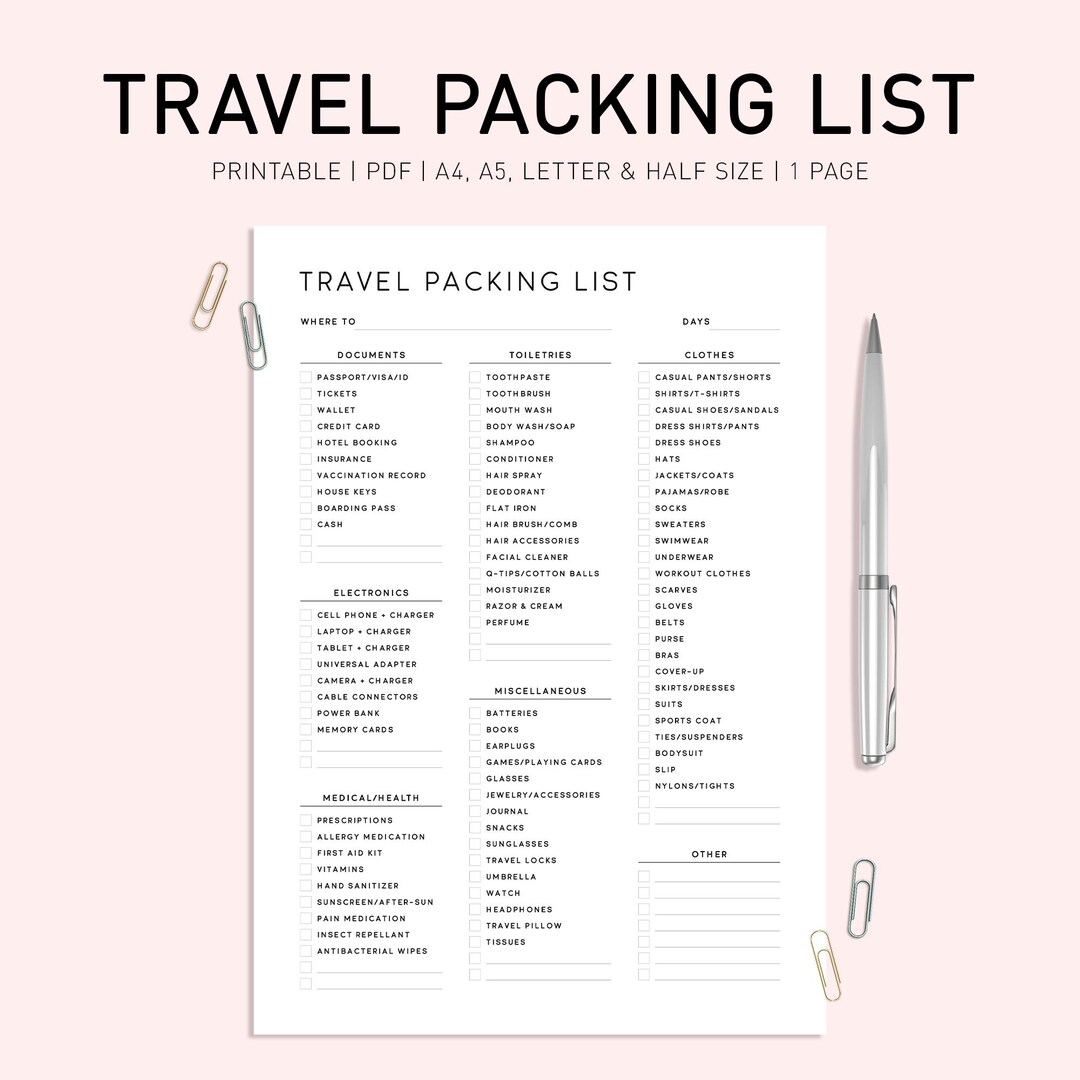 Minimalist Travel Packing List, Printable Checklist (A4, A5, US Letter ...