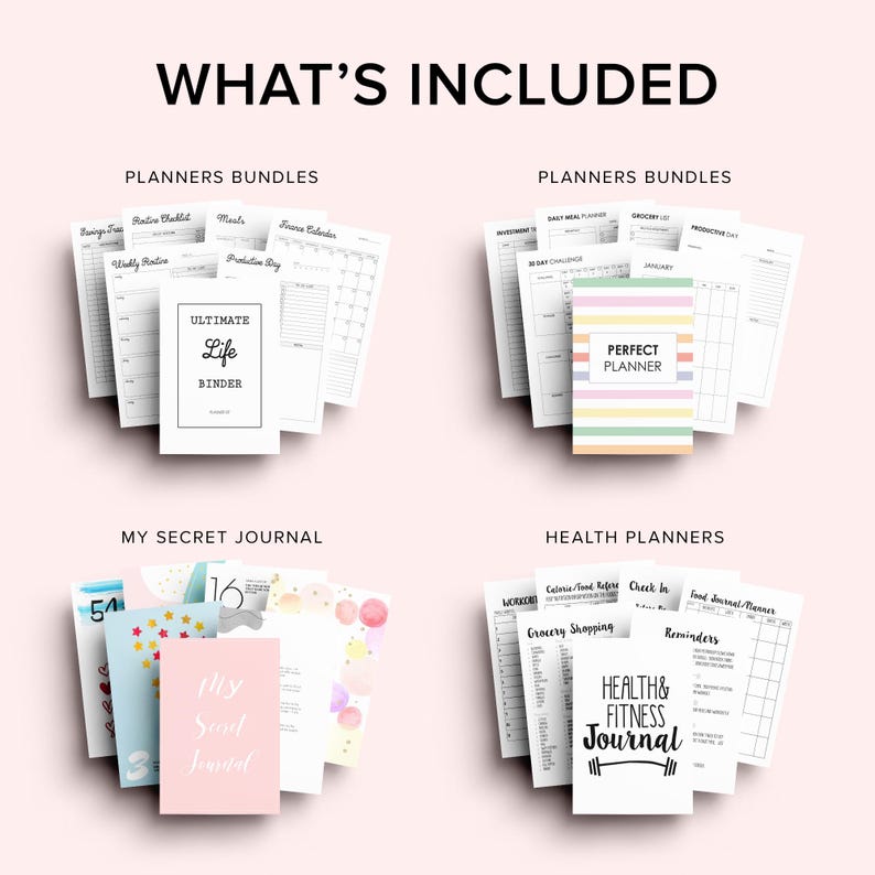 K&ouml;nnte beinhalten: Ein Bild mit Planer-Bundles und Tageb&uuml;chern. Der Text "WHAT'S INCLUDED" steht oben. Das Bild enth&auml;lt "ULTIMATE Life BINDER", "PERFECT PLANNER", "MY SECRET JOURNAL" und "HEALTH & FITNESS JOURNAL" mit verschiedenen Planerseiten.