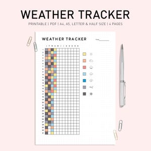 Jaarlijkse weertracker afdrukbare journaalsjabloon, digitale weerplanner, weerjournaal invoegingen, journaalpagina, weerlogboek, jaar in stippen