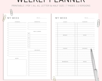 Undated Weekly Planner Printable, Week on Two Pages Printable, Weekly Digital Planner, Weekly Personal Planner 2025, Weekly Inserts, A4, A5