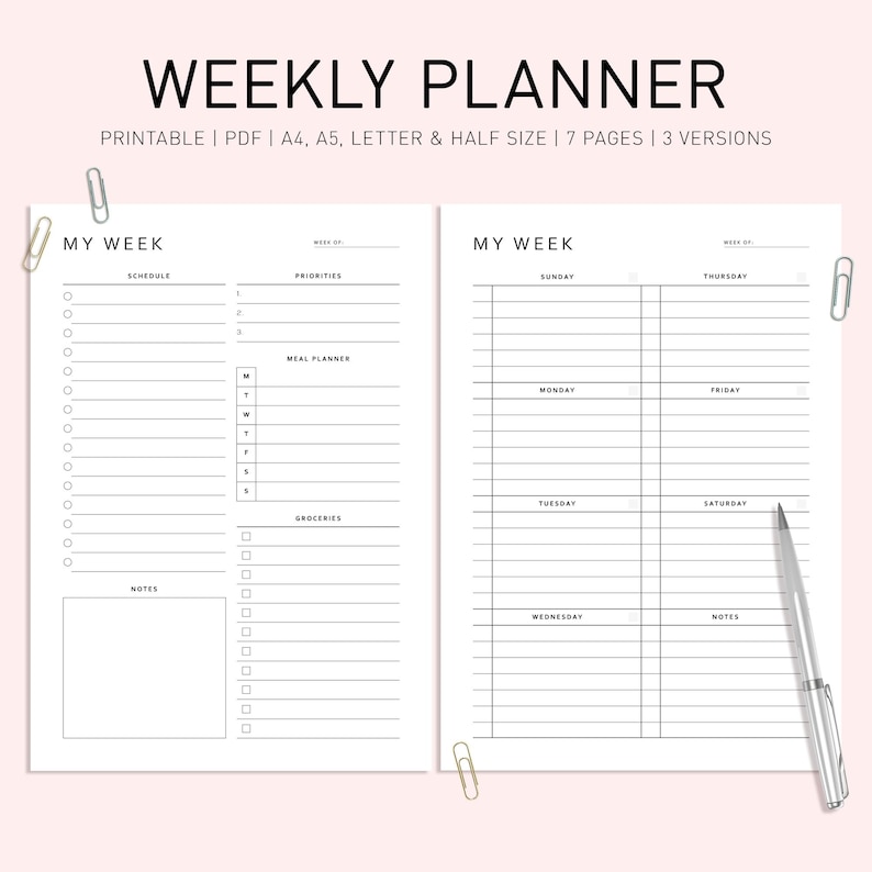 Undated Weekly Planner Printable: A4 A5 Inserts (PDF) | Week Schedule ...