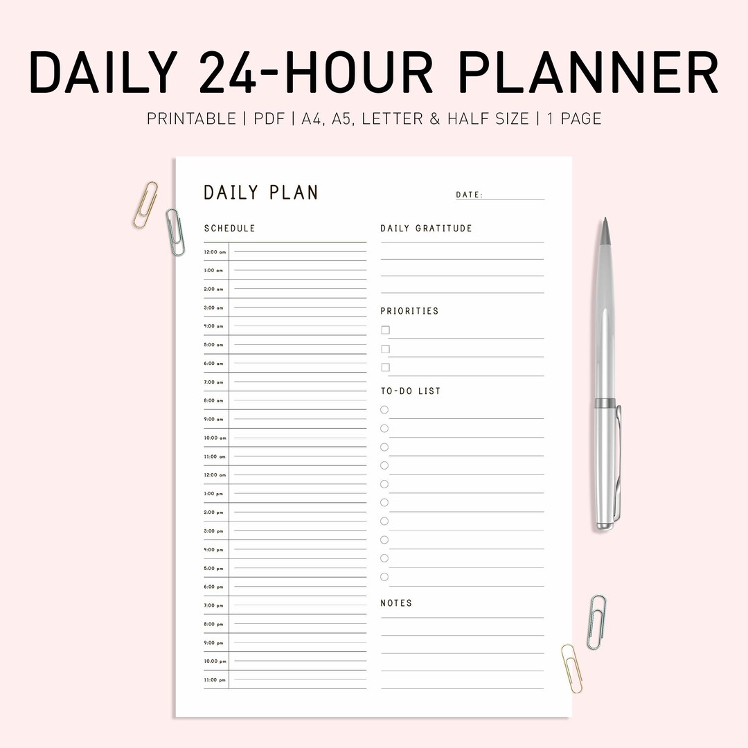 Daily 24 Hour Planner Printable, Daily Schedule, Printable Day Planner ...