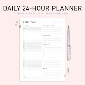 Daily Planner Printable: Minimalist Hourly Schedule, Productivity Template (A4, PNG Download)