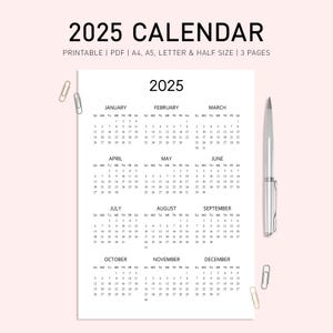 2024-2025 Year Calendar Printable, Yearly Simple Calendar, Calendar Poster, Digital Calendar A4, Minimalist Calendar Dated, Year at a glance
