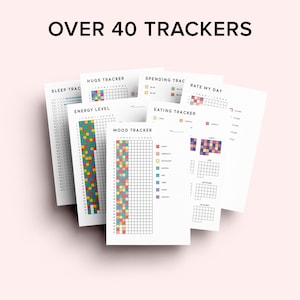 K&ouml;nnte beinhalten: Eine Sammlung druckbarer Tracker, darunter Schlaf-, Stimmungs- und Energielevel-Tracker, mit farbigen Gittern und dem Text "OVER 40 TRACKERS". Die Tracker sind f&uuml;r die t&auml;gliche oder w&ouml;chentliche Verfolgung konzipiert.