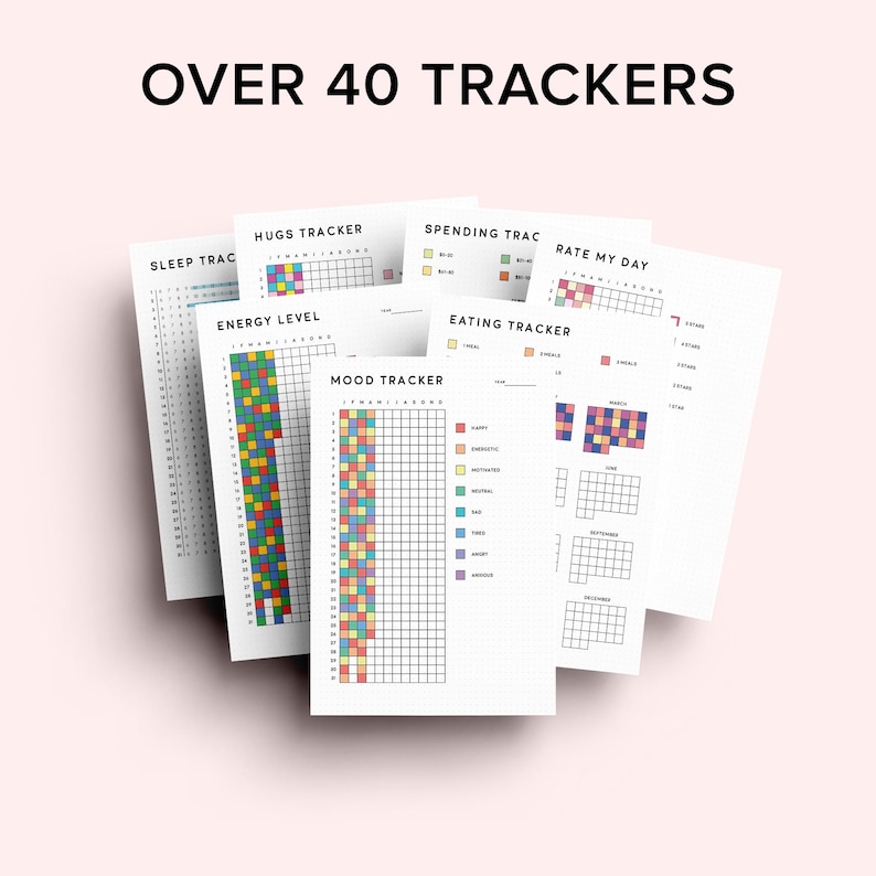 K&ouml;nnte beinhalten: Eine Sammlung druckbarer Tracker, darunter Schlaf-, Stimmungs- und Energielevel-Tracker, mit farbigen Gittern und dem Text "OVER 40 TRACKERS". Die Tracker sind f&uuml;r die t&auml;gliche oder w&ouml;chentliche Verfolgung konzipiert.