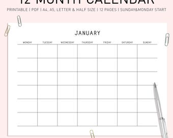 Minimalist Monthly Calendar Printable: A4/Letter Size Landscape (PDF Download)