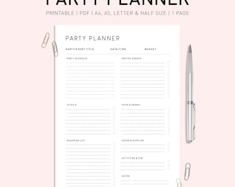 May include: A printable party planner checklist with sections for party details, to-do's, food and drinks, shopping list, decor and supplies, activities and fun, and notes.