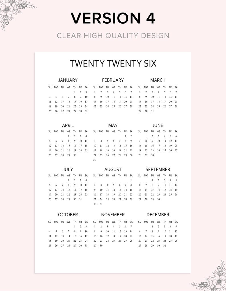 2026 Minimalist Calendar Printable: Year at A Glance (digital Download ...