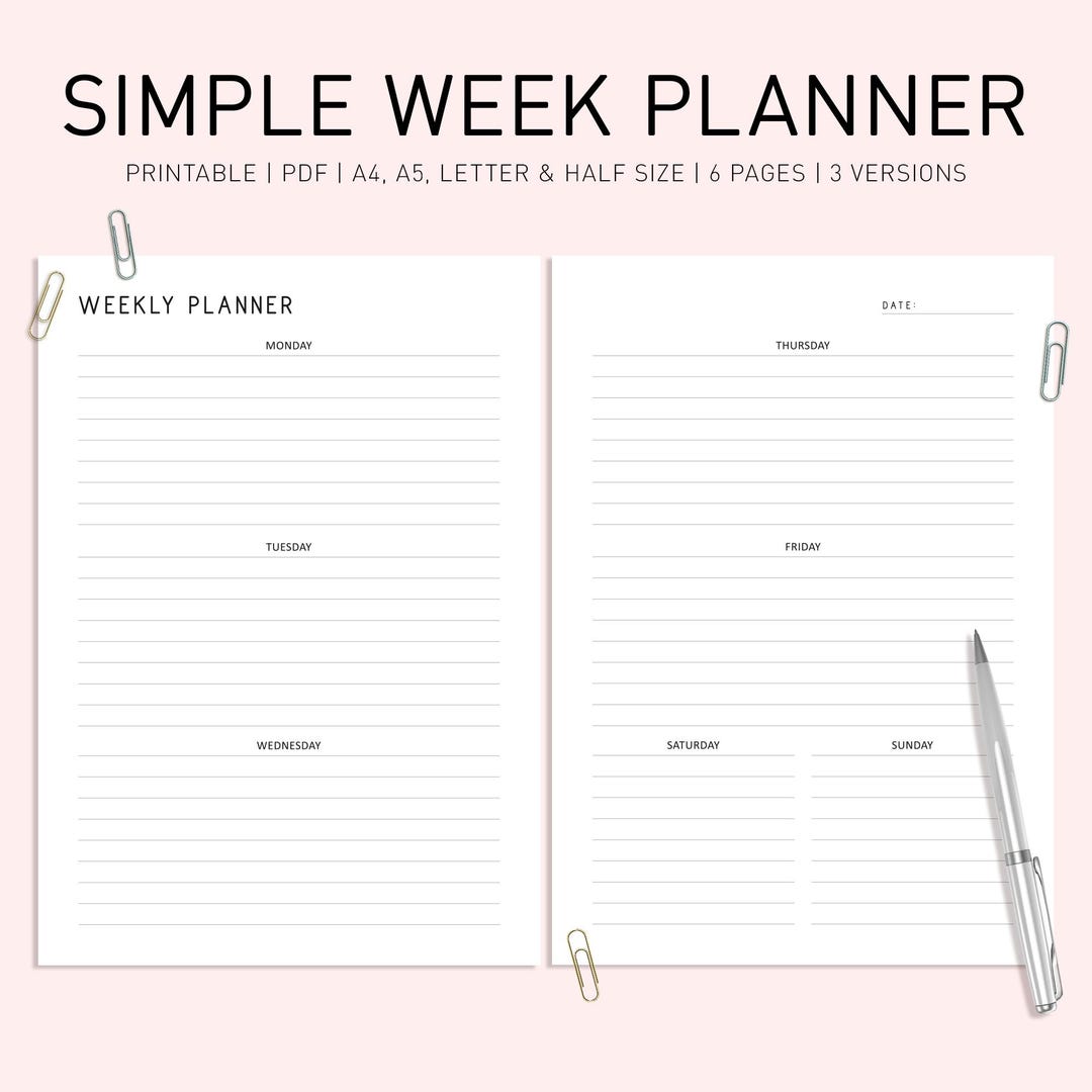 Minimalist Weekly Planner Printable: A4 A5 Letter Sizes (PDF Download ...