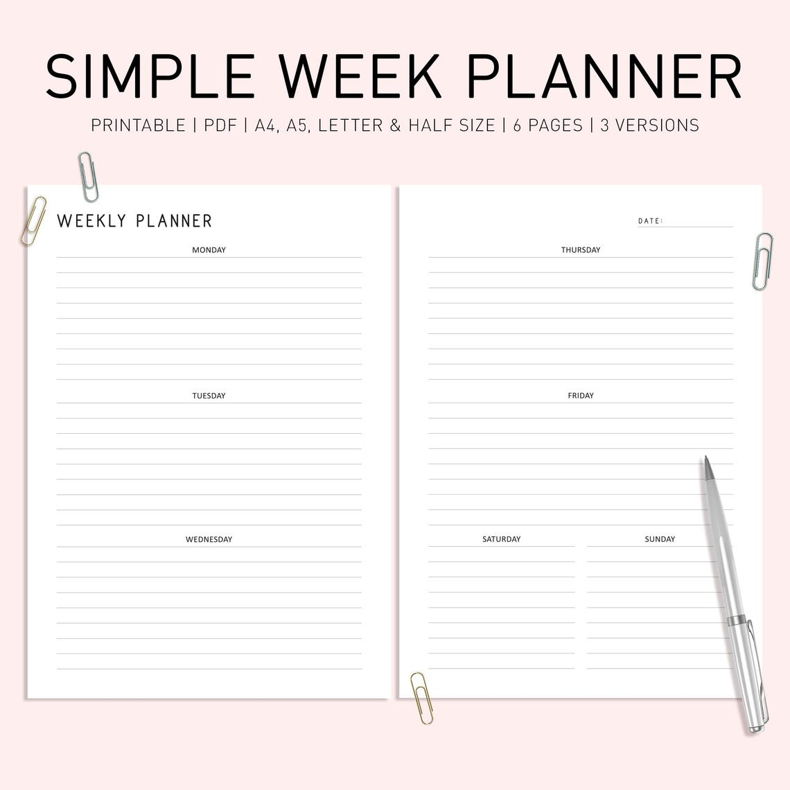 Minimalist Weekly Planner Printable: A4 A5 Letter Sizes (PDF Download ...